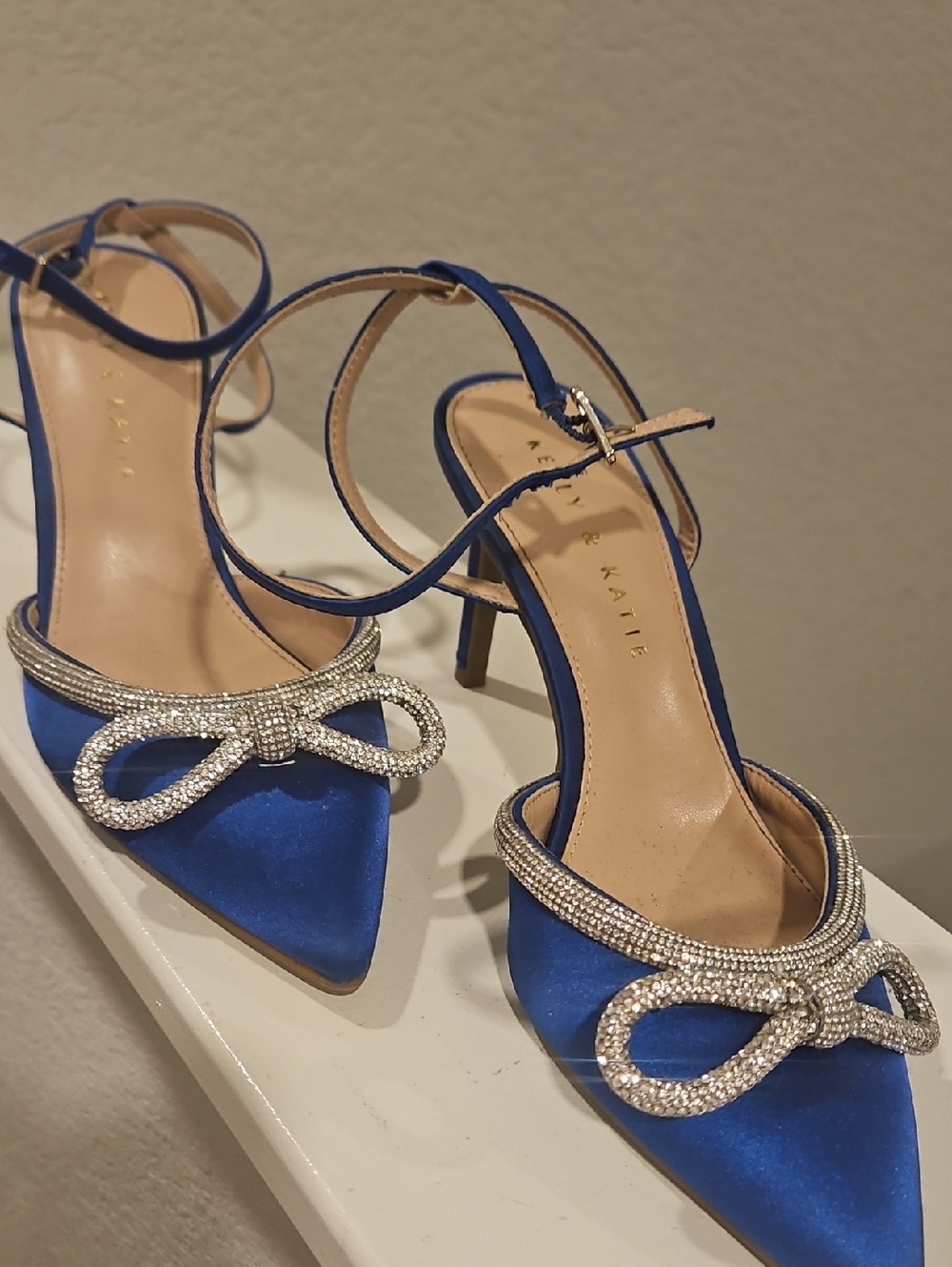 Kelly & Katie Royal Blue Satin Pointed-Toe Ankle-Strap Heels with Crystal Bow